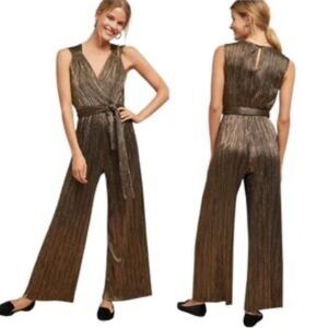 Anthropologie Vanessa Virginia Pont Neuf Gold Metallic Jumpsuit Size Small